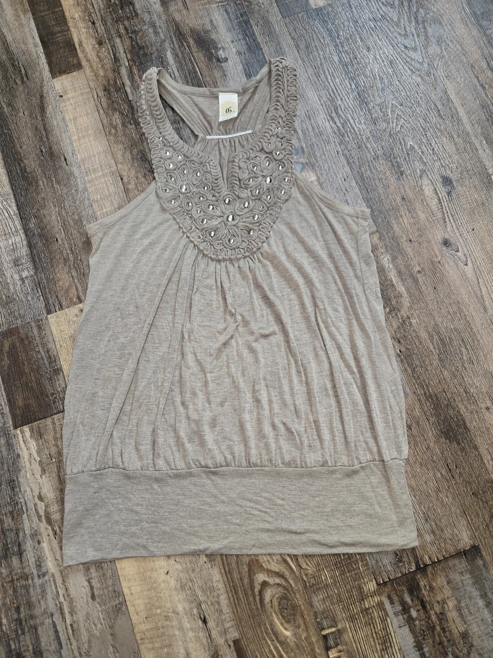 Ginger G Neutral Taupe Crochet Gem Tank Top